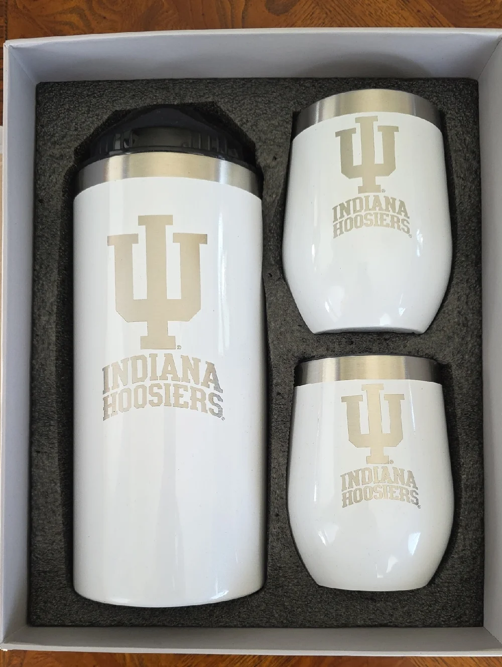 IU Indiana Hoosiers White Stainless Steel Wine Bottle Cooler & Tumbler Set - NEW